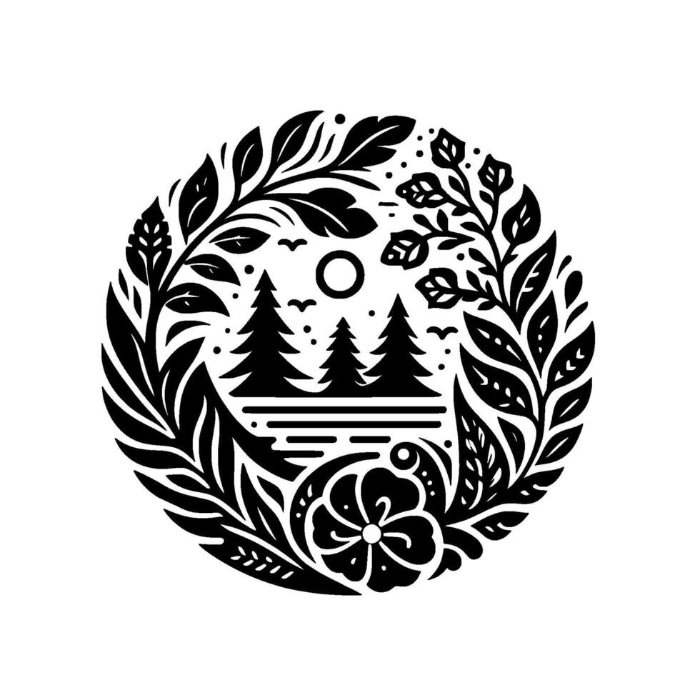 Circular black and white minimalist nature scene with a lake, trees, birds, sun, floral elements and foliage, a serene and peaceful . vector