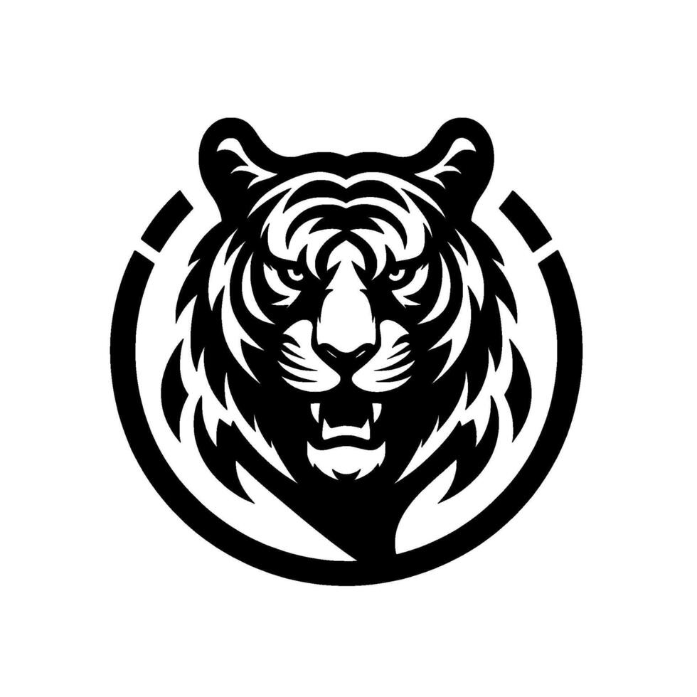 Bold Black and White Tiger Head Emblem, Framed in a Circle, Showing Aggressive Expression and Detail. vector