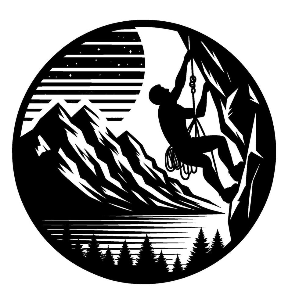 Silhouette of a rock climber ascending a cliff under a starry night sky, contained within a circular frame with a mountain range, lake, and forest. vector