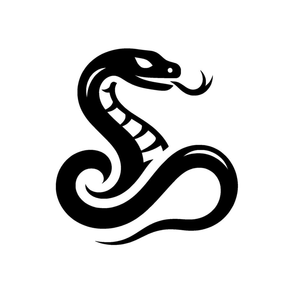 Black and White Cobra Serpent Illustration Stylized depiction of a coiled snake with a forked tongue, minimalist . vector