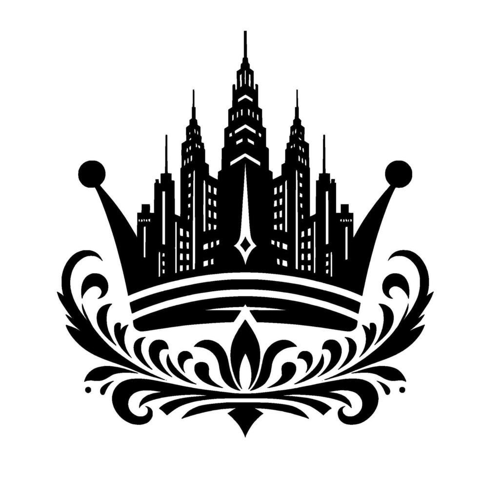 Ornate Crown with a Silhouette Skyline A Symbolic Black and White of Urban Authority and Luxury. vector
