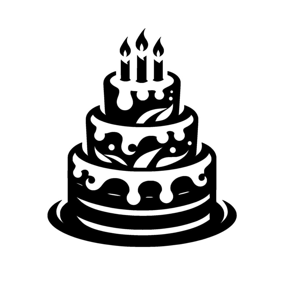 A stylized, threetiered birthday cake illustration featuring dripping frosting, decorative leaves, and three lit candles, rendered in monochrome on white. vector