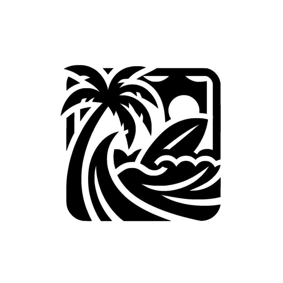 Stylized Black and White Palm Tree, Surfing Board, Sun, and Ocean Waves Within a Rounded Square. vector