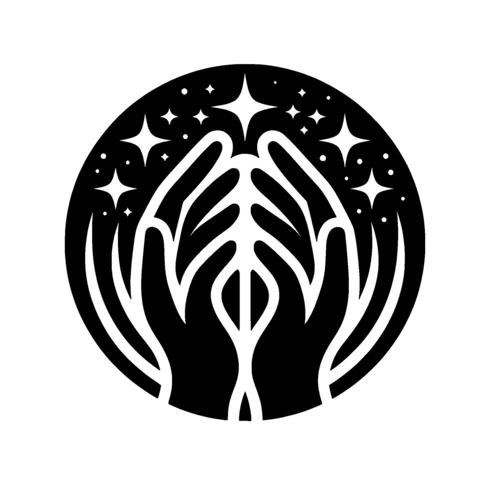 Symbolic Black and White Illustration Cupped Hands Holding Sparkling Stars Within a Circular . vector