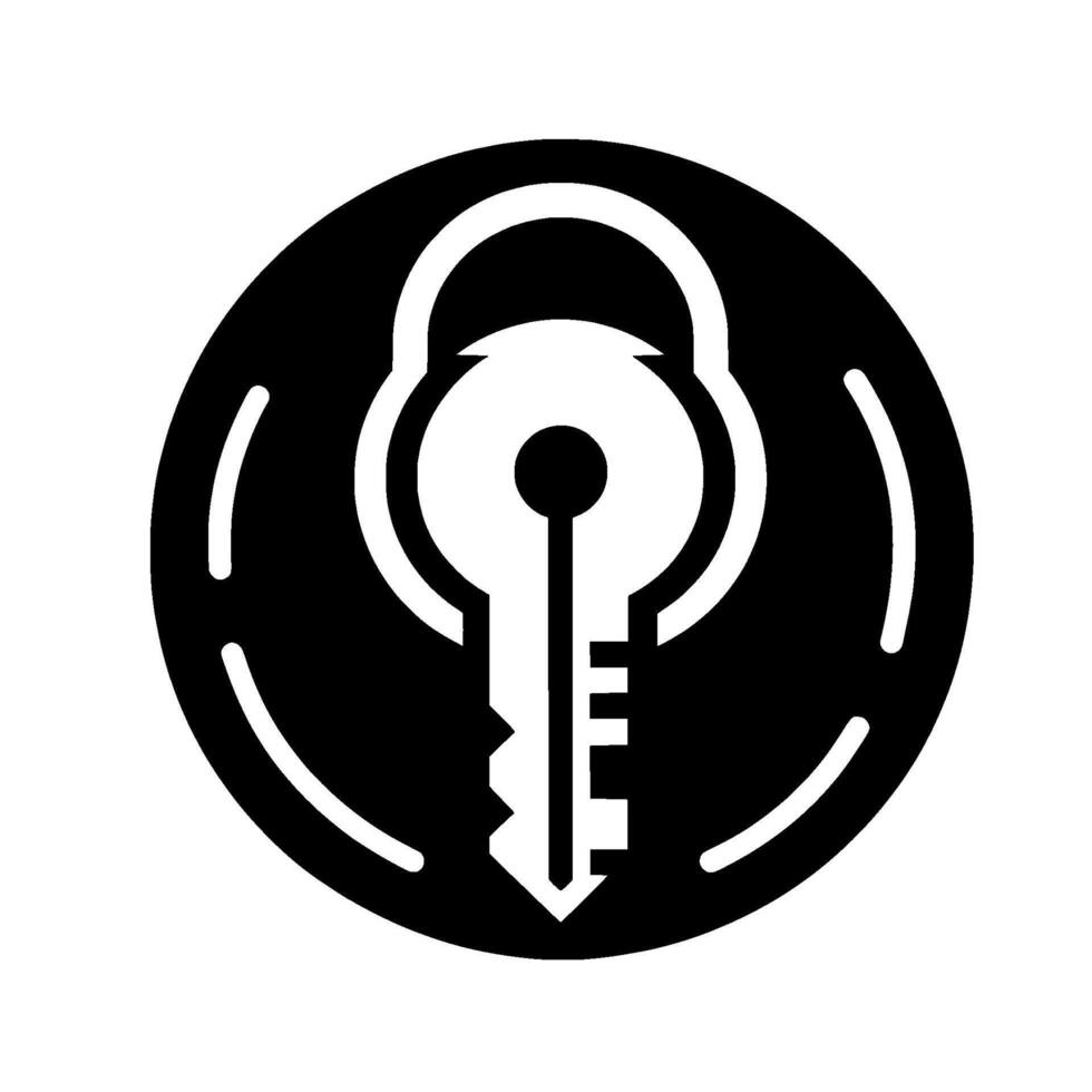 Monochromatic Key in a Black Circle with White Accents, Featuring Security Access Symbolism, Simplified . vector