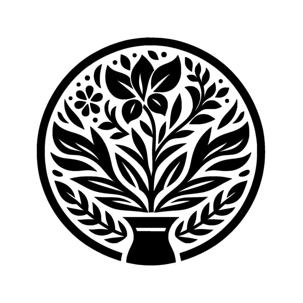 Intricate Black and White Circular Floral Illustration Featuring Leaves, Flowers, and a Vase, Isolated on White, a Modern Emblem. vector