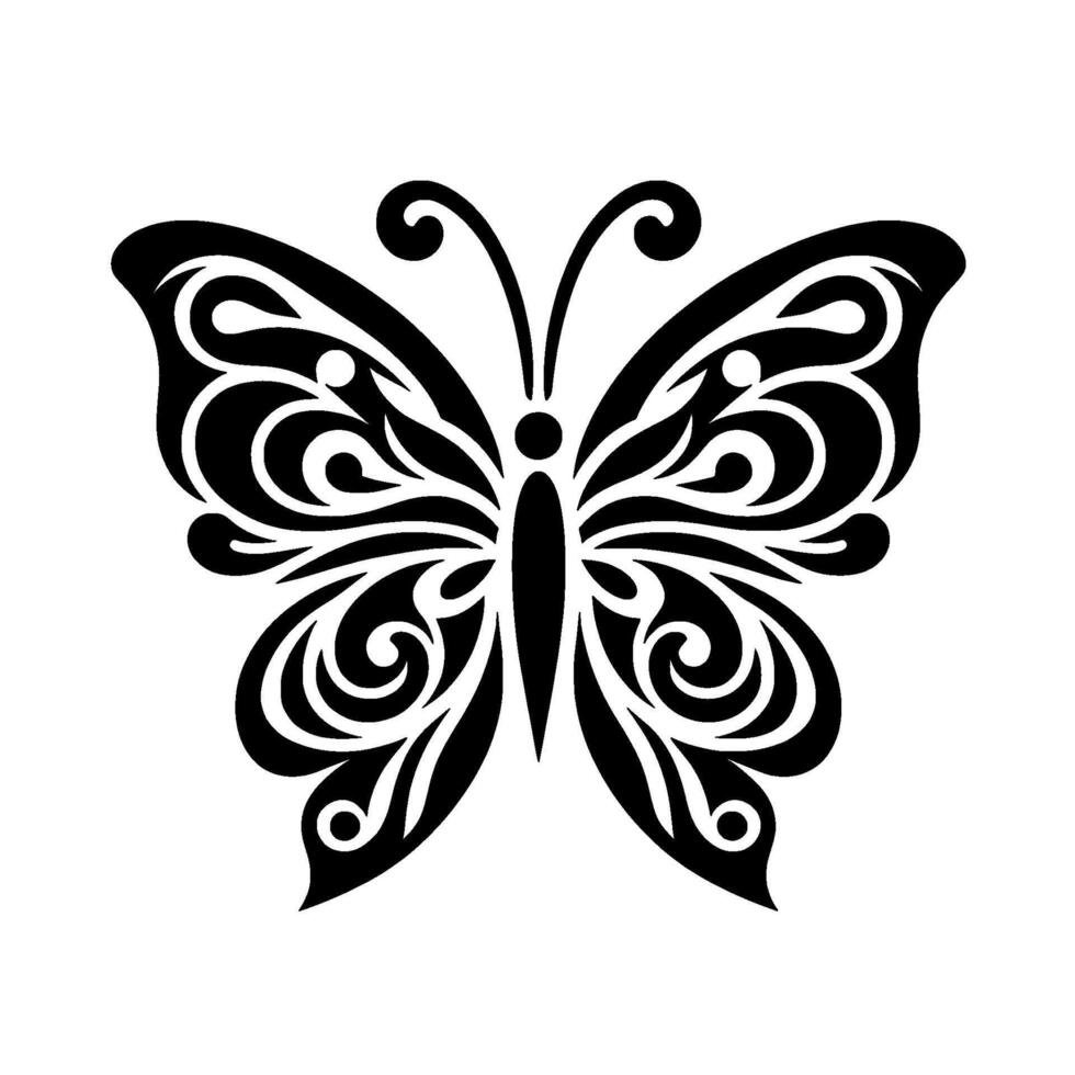 Symmetrical Butterfly Silhouetted with Intricate Swirls and Geometric Patterns, Set Against a Pure White Background. vector