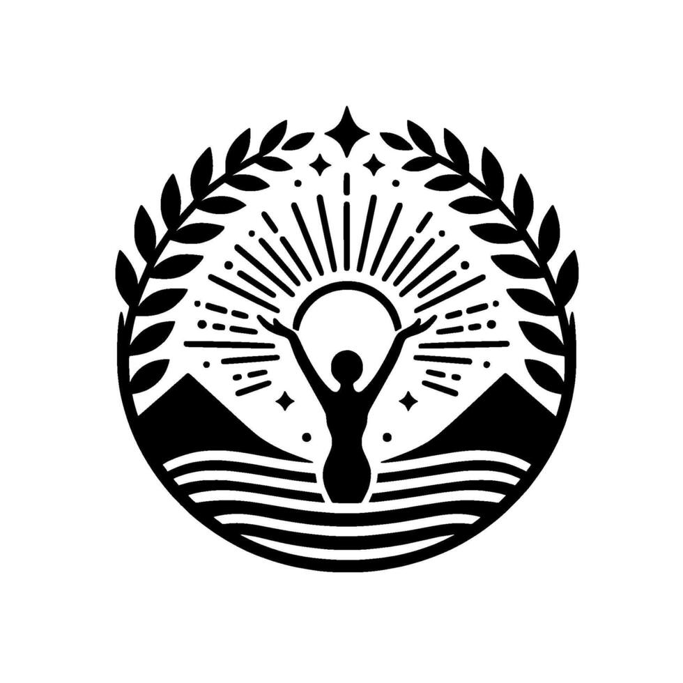 A minimalist black and white circular emblem depicting a figure with raised arms, sun rays, laurel, and mountains. vector