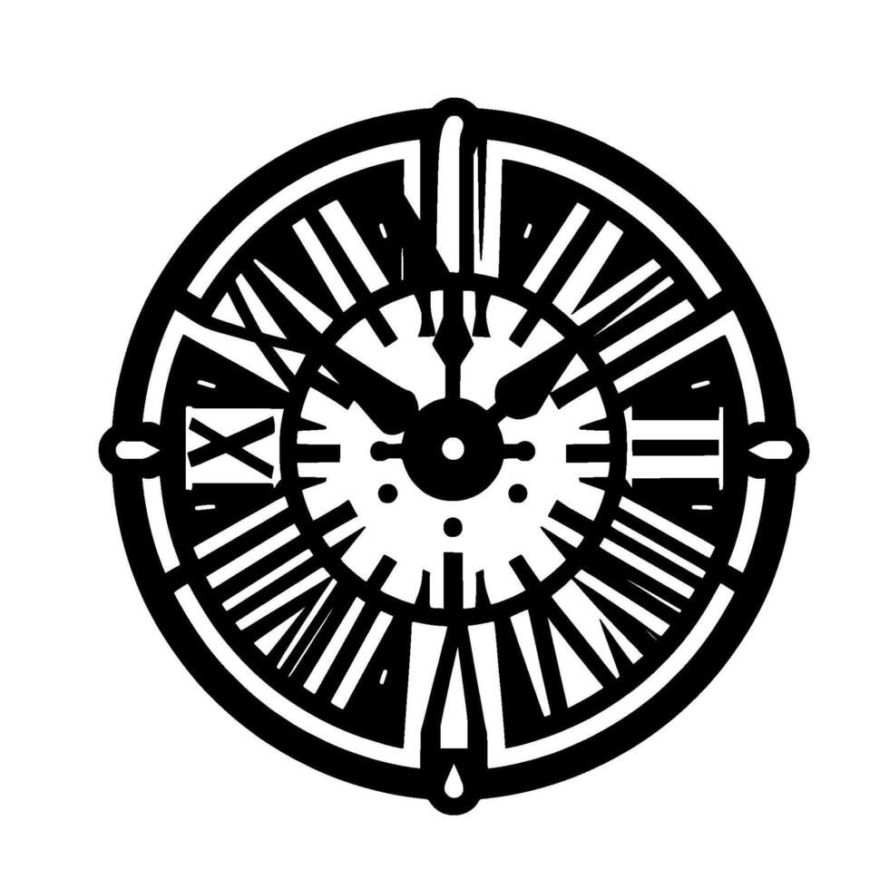 Ornate, stylized black and white clock face with Roman numerals and detailed elements against a bright white background. vector