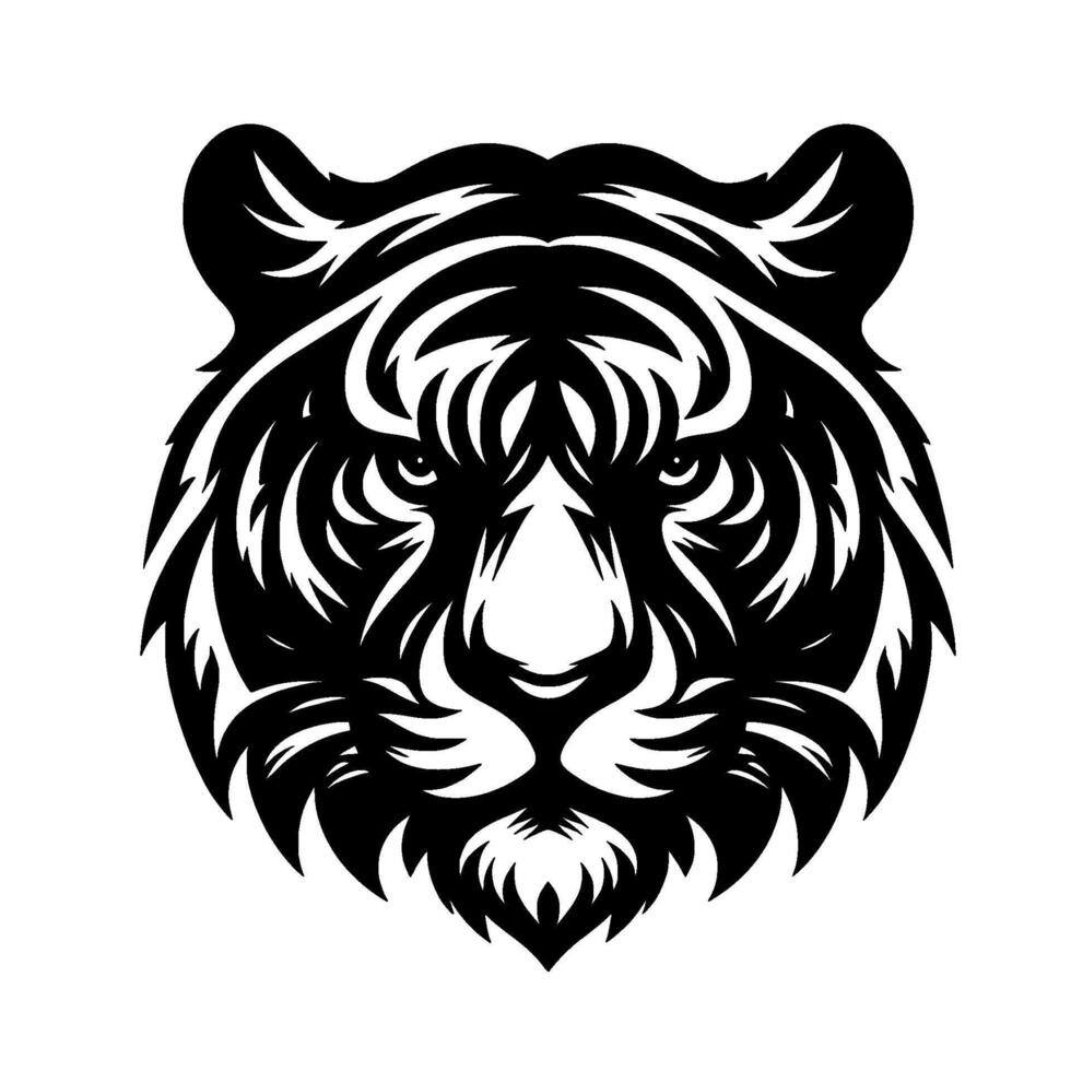 Bold Black and White Tribal Tiger Head Strong, Stylized, and Intricate Lines on White Background, a Striking Emblem. vector