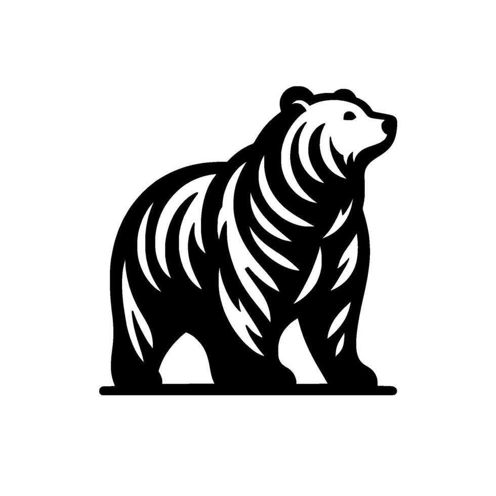 A striking black and white bear silhouette, standing proud, with stylized fur detail and clean lines, set against a plain background, perfect for a modern or emblem. vector