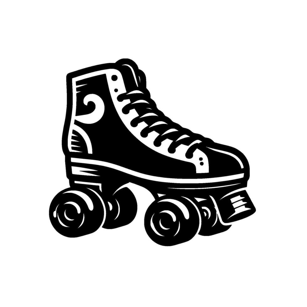 Retro Roller Skate in Black and White with Detailed Silhouette, Isolated on White Background. vector