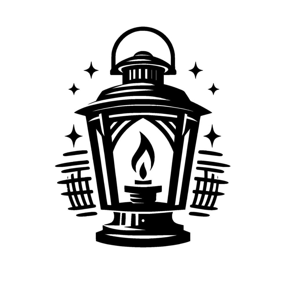 Artistic black and white illustration featuring a vintage lantern with a lit flame, surrounded by starburst accents, exuding a magical, warm ambiance. vector