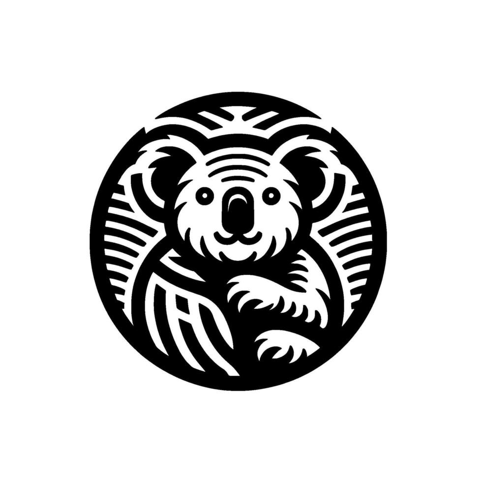 A Stylized Black and White Koala Bear in a Circular Frame, Depicting Cuteness and Minimalism. vector