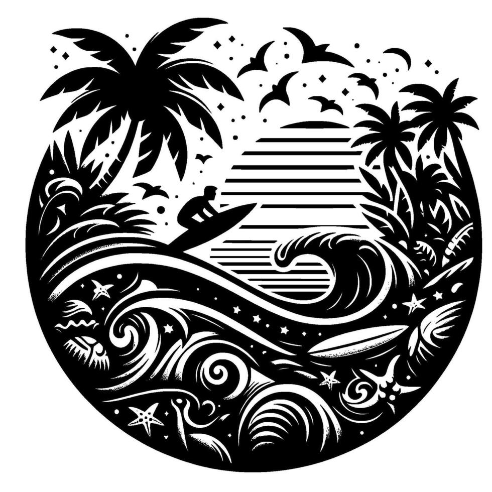 Black and White Circular Illustration Surfer Riding a Wave Amidst Palm Trees, Sunset, and Oceanic Swirls with Bird Silhouettes. vector