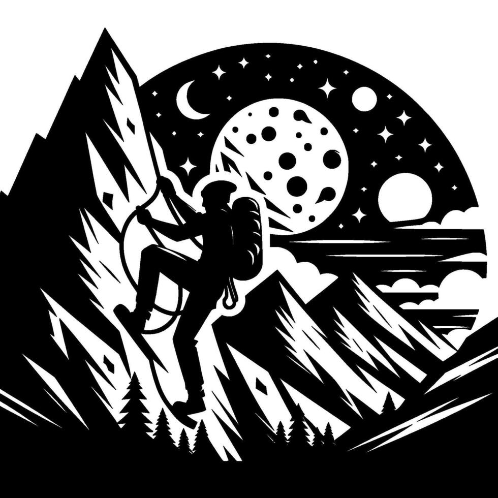 Silhouette of a lone climber scaling a jagged mountain under a starspeckled night sky with crescent moon. Adventure and resilience. vector
