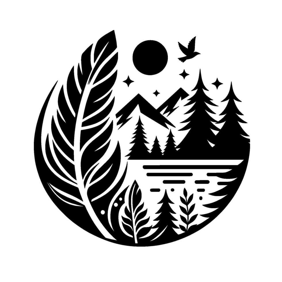 Serene Black and White Nature Scene Enclosed by a Feather Mountains, Forest, Lake, Sun, Stars, Bird, and Plants in a Circle. vector