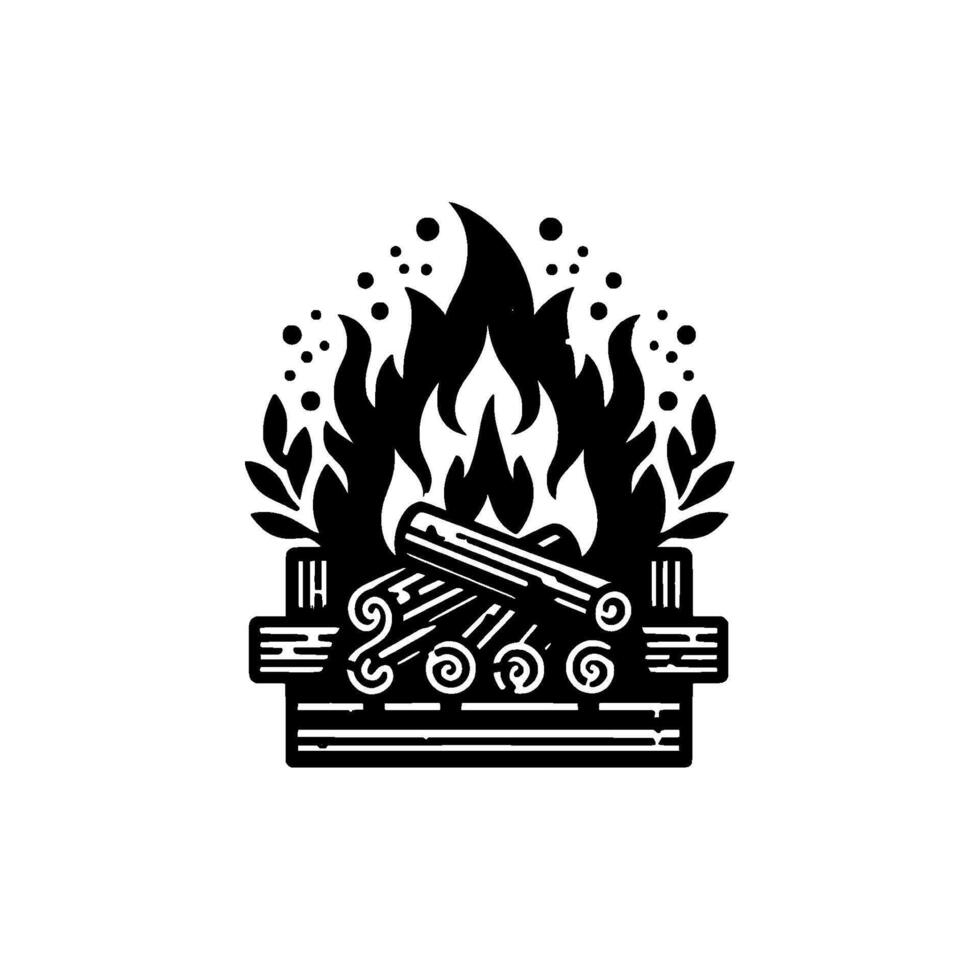 A Black and White Depiction of a Fireplace with Burning Flames, Logs, and a Decorative Hearth, with Foliage Elements. vector