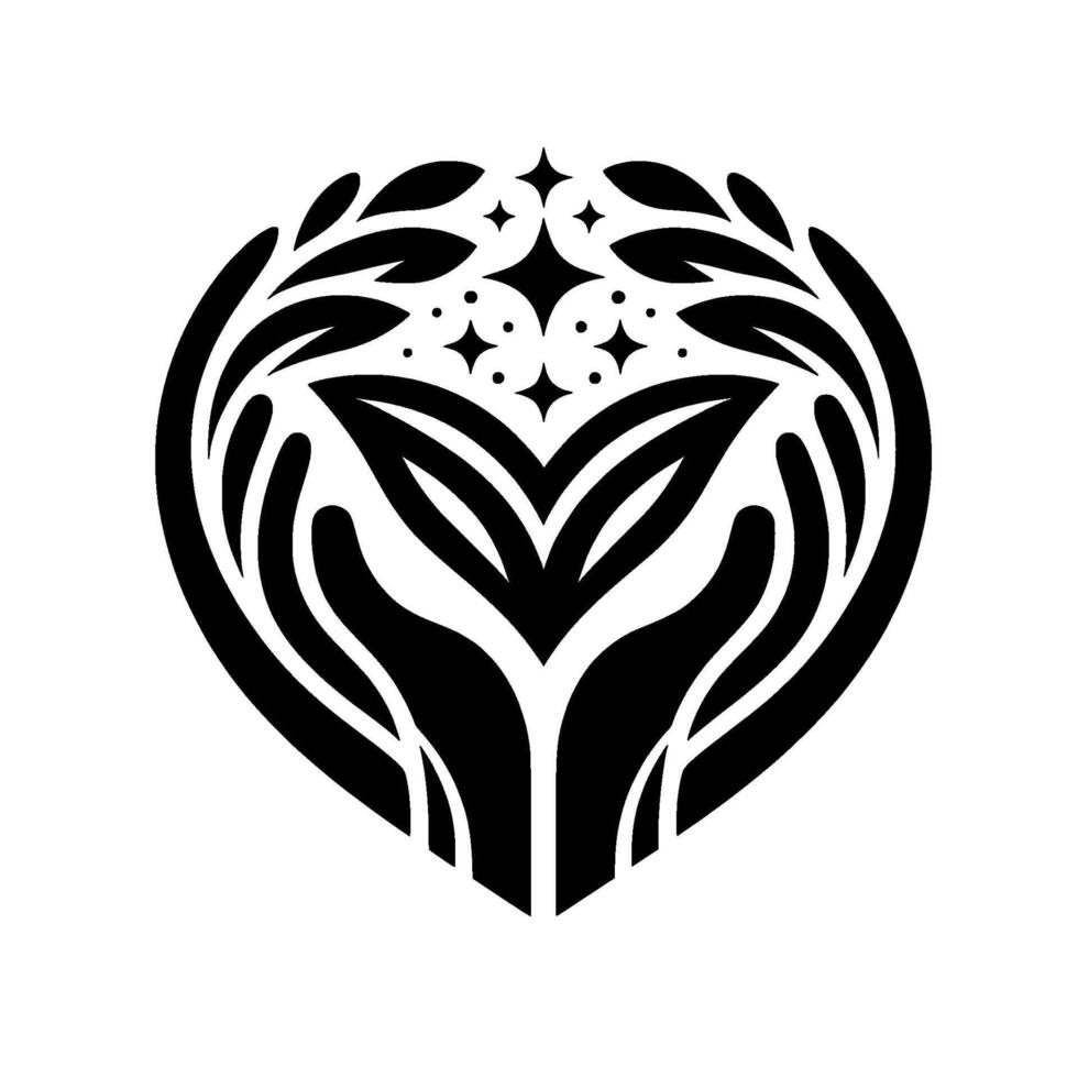 Black White Emblem Stylized hands cradling a heartshaped formation of leaves and sparkling stars, symbolizing care growth. vector