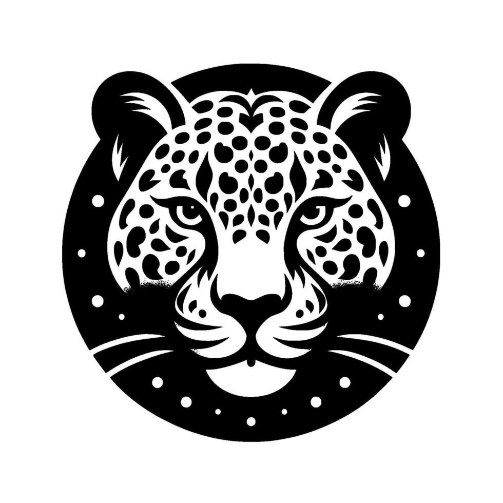 Stylized Black and White Portrait of a Leopard Head Centered in a Circular Frame with Dot Accents vector