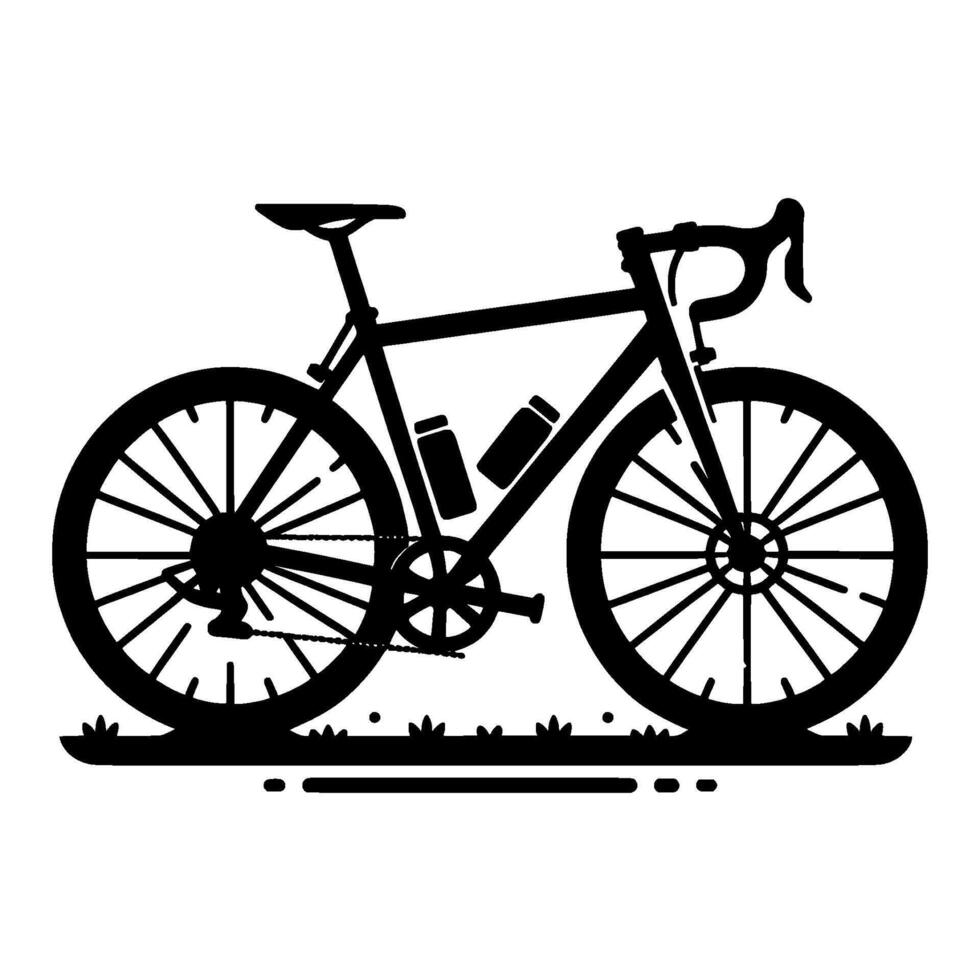 Silhouette illustration of a road bicycle with water bottles on a bed of grass. vector