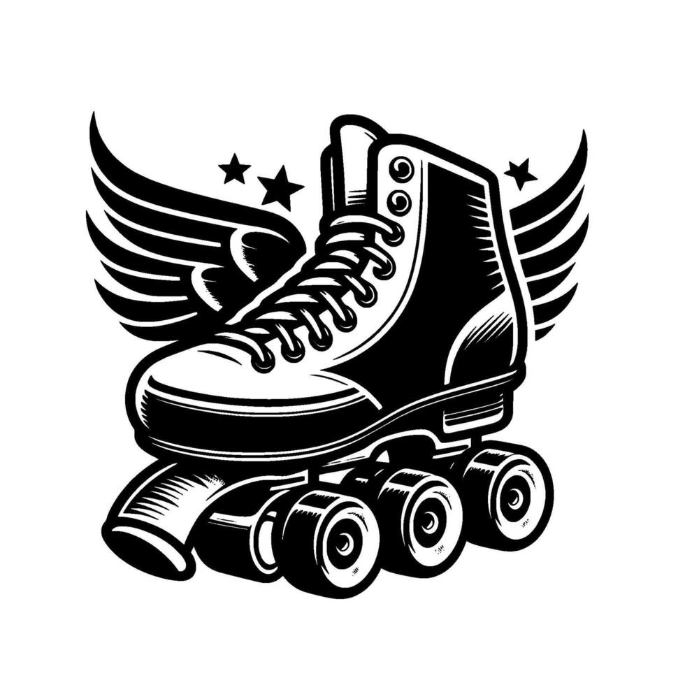 Black White Retro Roller Skate with Wings Stars, Vintage Emblem on a White Background. vector