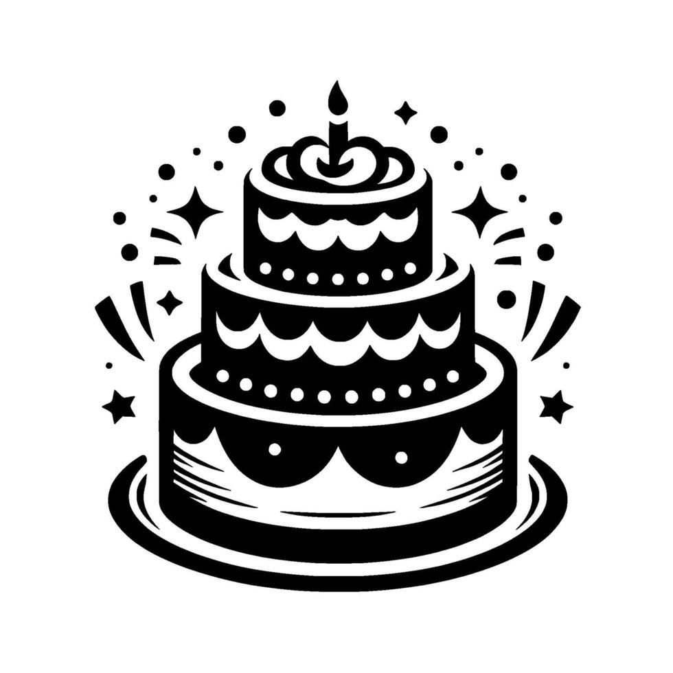 Whimsical Monochrome Celebration A ThreeTiered Birthday Cake with Candle, Sparkles, and Starbursts, Set on a Plate. vector
