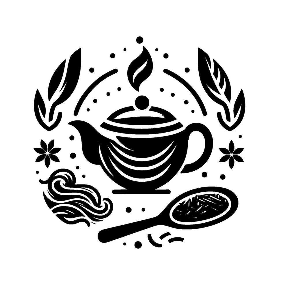 Elegant Black and White Tea Time with Teapot, Spoon of Tea Leaves, and Floral Elements. vector