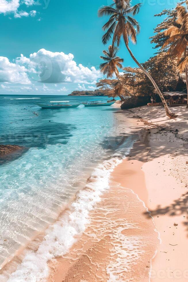 Sandy beach lined with palm trees, boat in azure waters photo