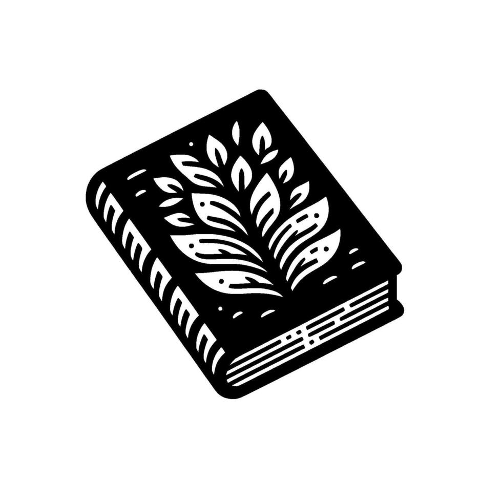 Symbolic Black Book Illustration with White Foliage and Minimalist Aesthetic on a white background. vector