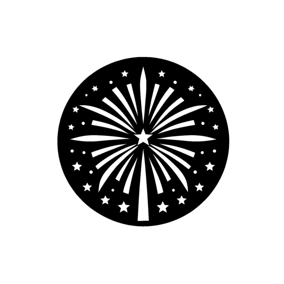 A illustration of a black circular firework burst with white radiating lines and stars, centered on a white backdrop. vector