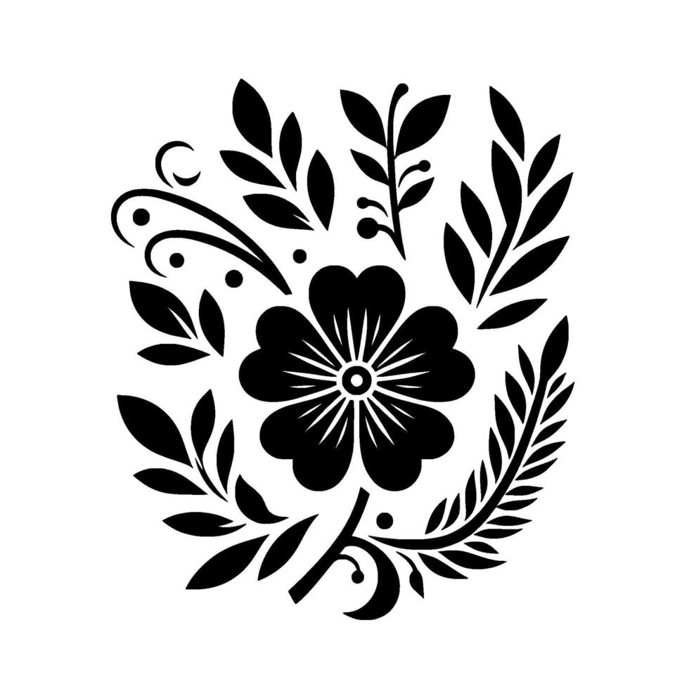 A symmetrical black and white floral arrangement featuring a central flower with heartshaped petals, surrounded by various leaf and stem patterns on a white backdrop. vector