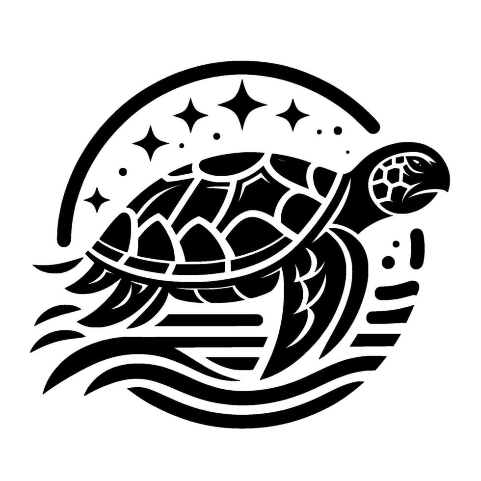 Stylized Black White Sea Turtle Swimming Under a Crescent with Stars, Geometric . vector