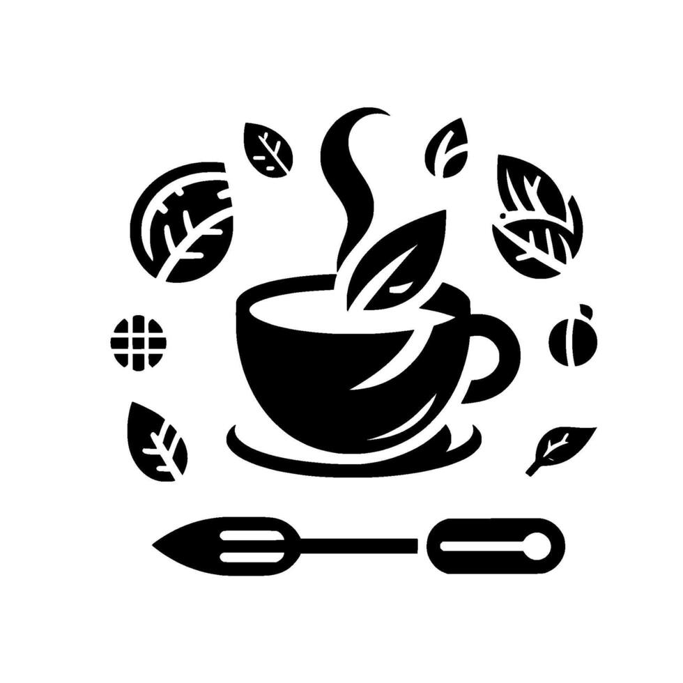Stylized Black and White Tea Infusion Illustration Cup with Steam, Leaves, and Spoon, on White Background. vector