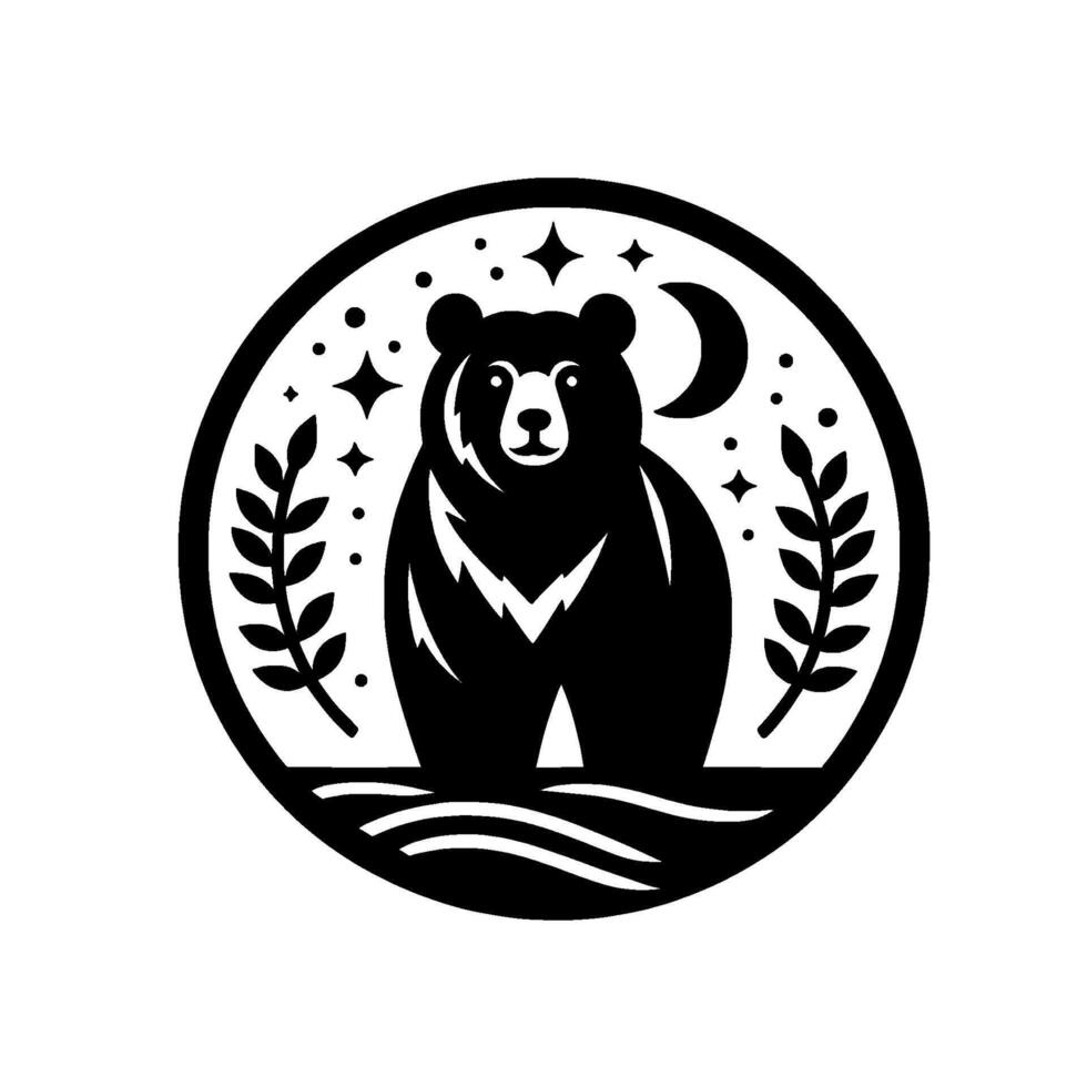 A Stylized Black Bear Silhouette Surrounded by a Celestial Circle, Featuring Stars, a Crescent Moon, and Foliage Elements. vector
