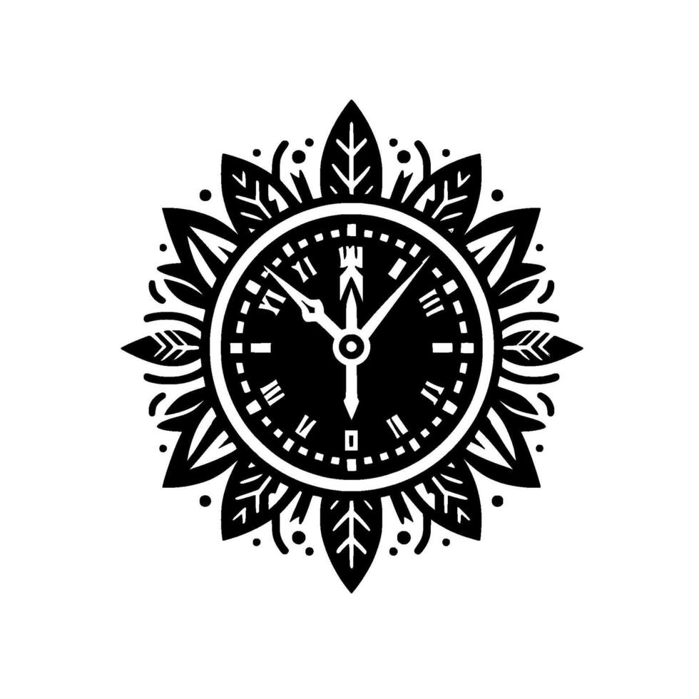 A symmetrical, monochromatic floral clock featuring a round clock face, Roman numerals, and elegant leaflike embellishments. vector