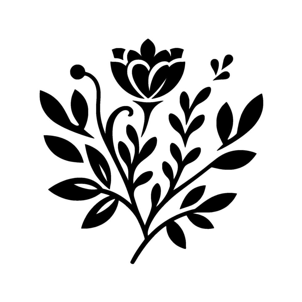 Elegant Monochrome Floral Arrangement with Intricate Petal , Leafy Branches, and Simplistic Silhouette vector