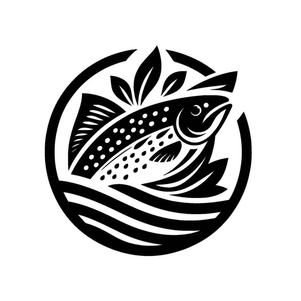 Stylized Black White Illustration A Fish Leaping Out of Water Inside a Circular with Leaves. vector