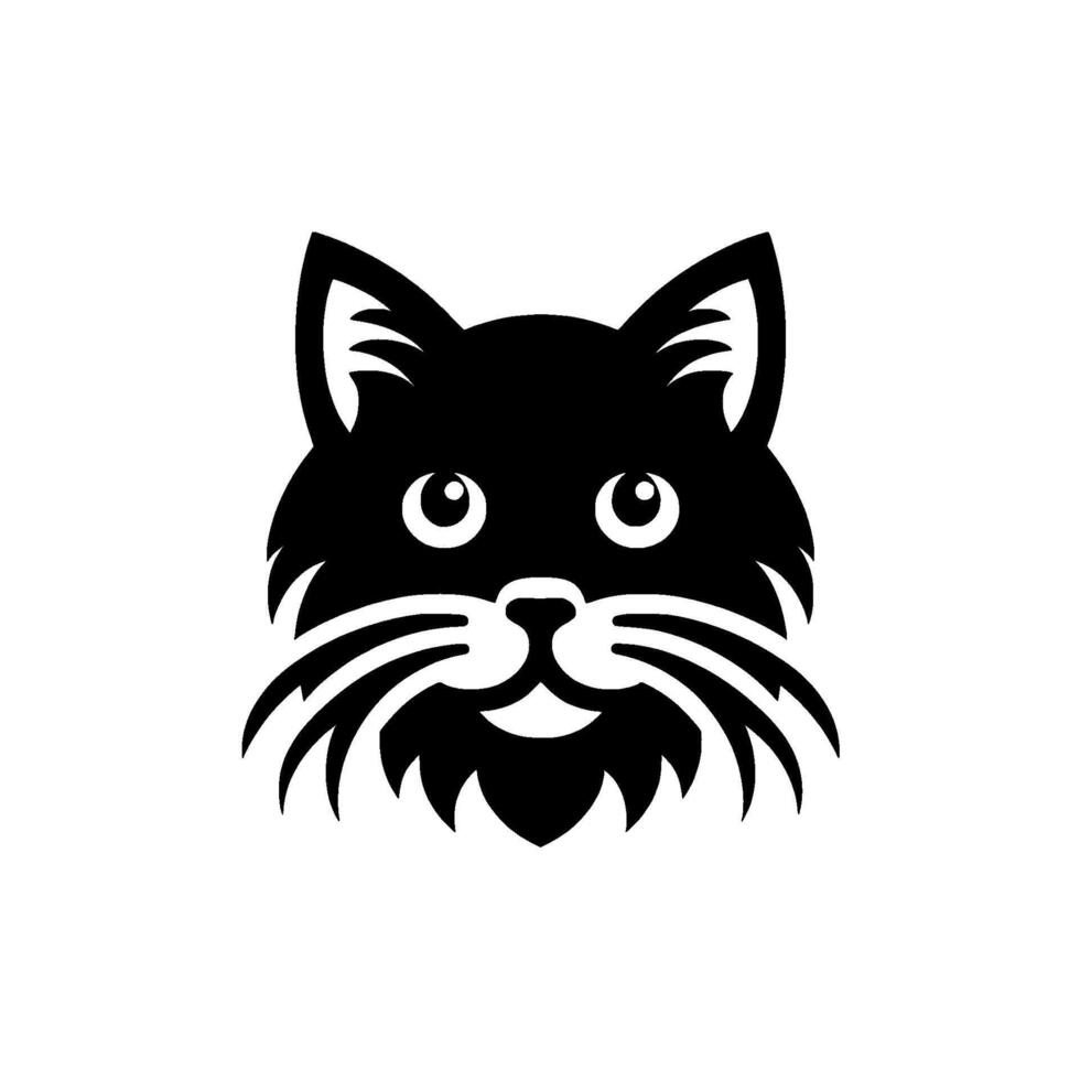 Stylized Black Cat Head Illustration on White Background, Smiling, Artistic, Simple , Whiskers. vector