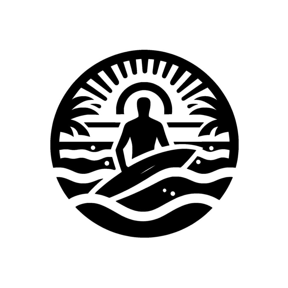 Black and White Circular Emblem of a Surfer on Surfboard with Palm Trees and Sun, Ocean View. vector