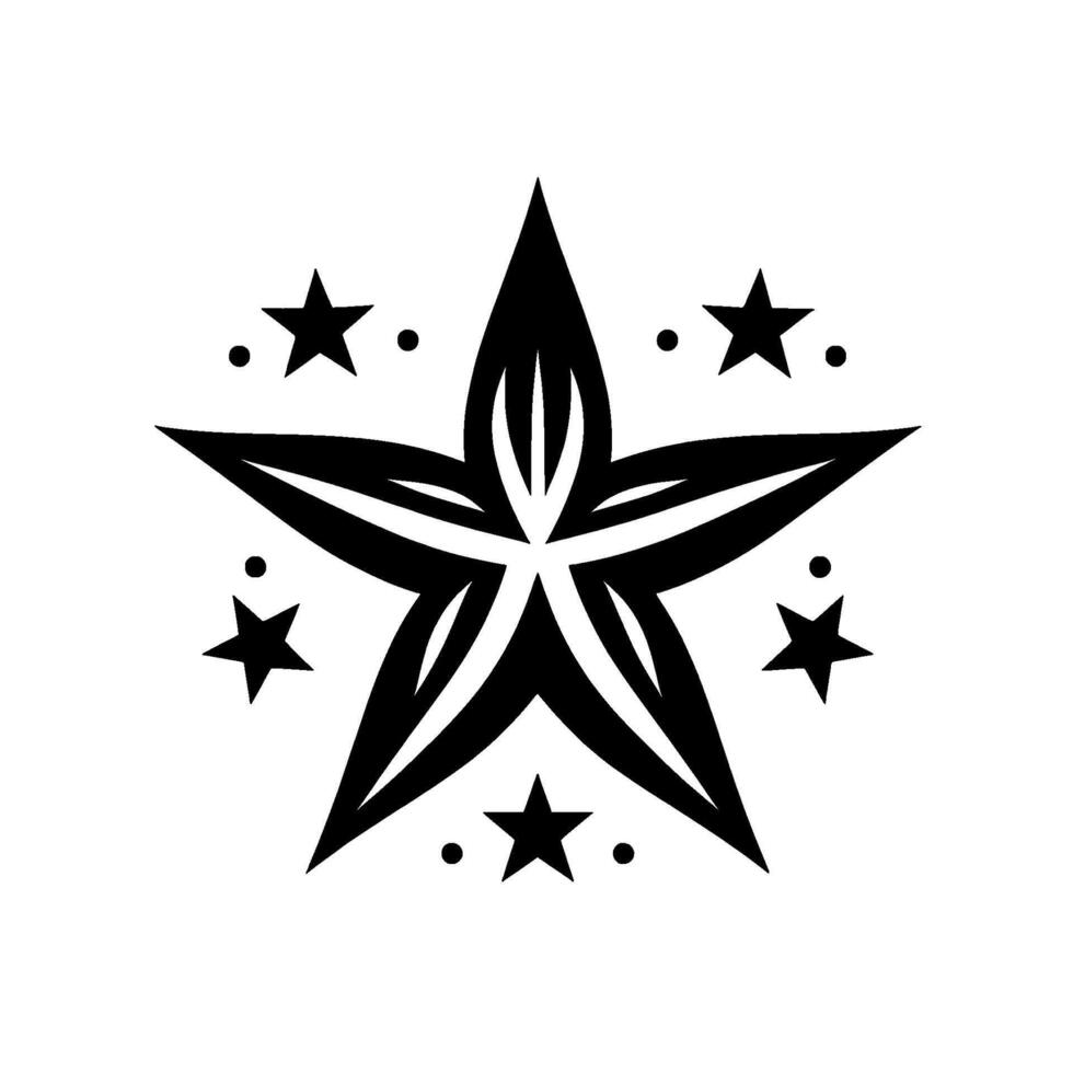 Black and white ornamental fivepointed star with surrounding stars and dots, isolated on white. vector