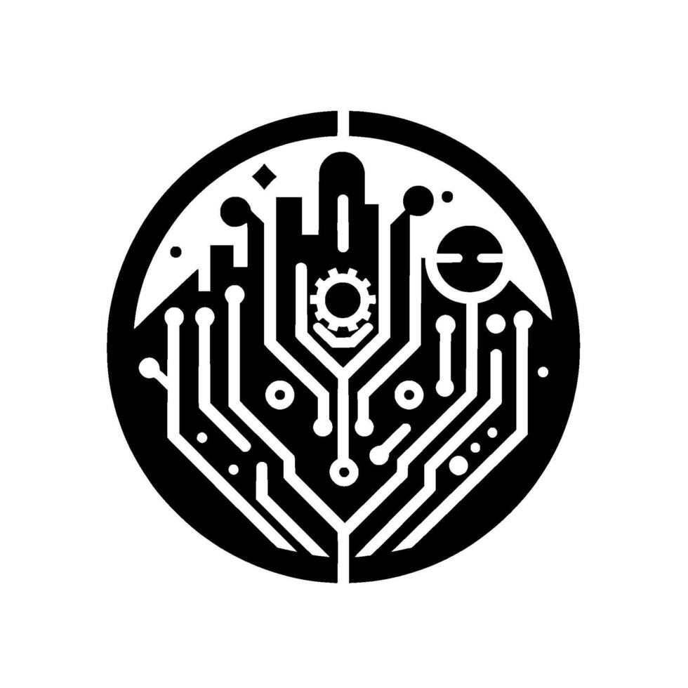 Circular Tech Circuit board with a cog and architectural elements representing digital infrastructure, connectivity and futuristic concepts. vector