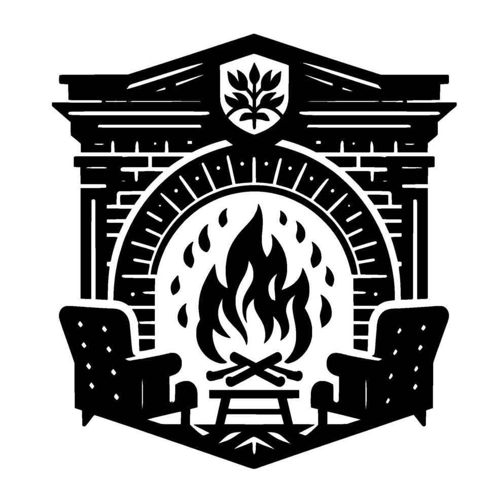 Monochromatic stylized fireplace with burning flames, two armchairs, a shield emblem above, and a decorative brick surround. vector