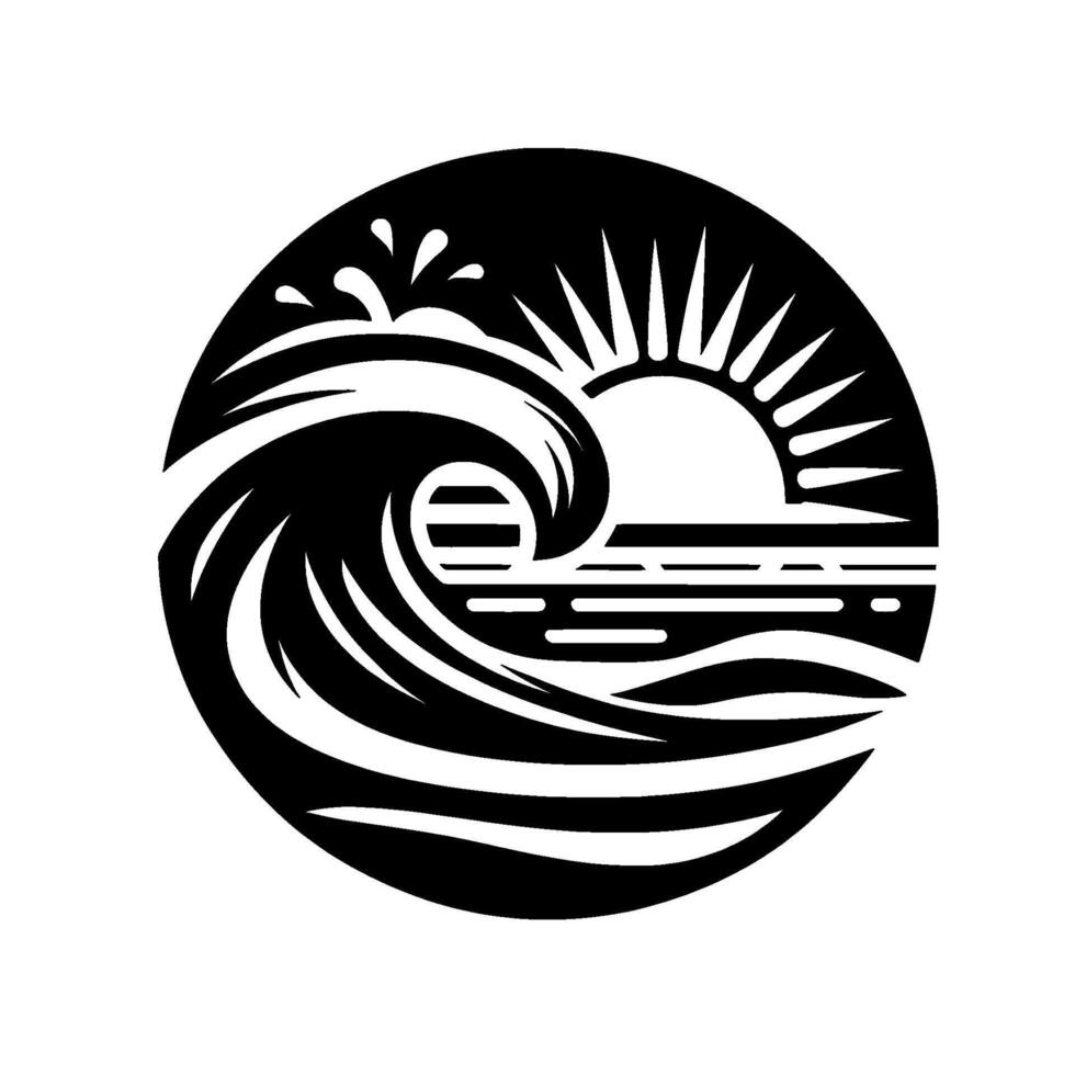 Bold Black and White Illustration of Ocean Wave, Sun, and Sea Lines within a Circular Frame vector