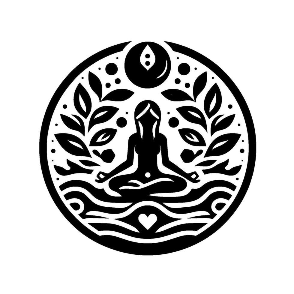 Minimalist Black and White Mandala of a Woman in Lotus Position, Surrounded by Leaves, Water, and a Heart, Symbolizing Peace and Harmony. vector