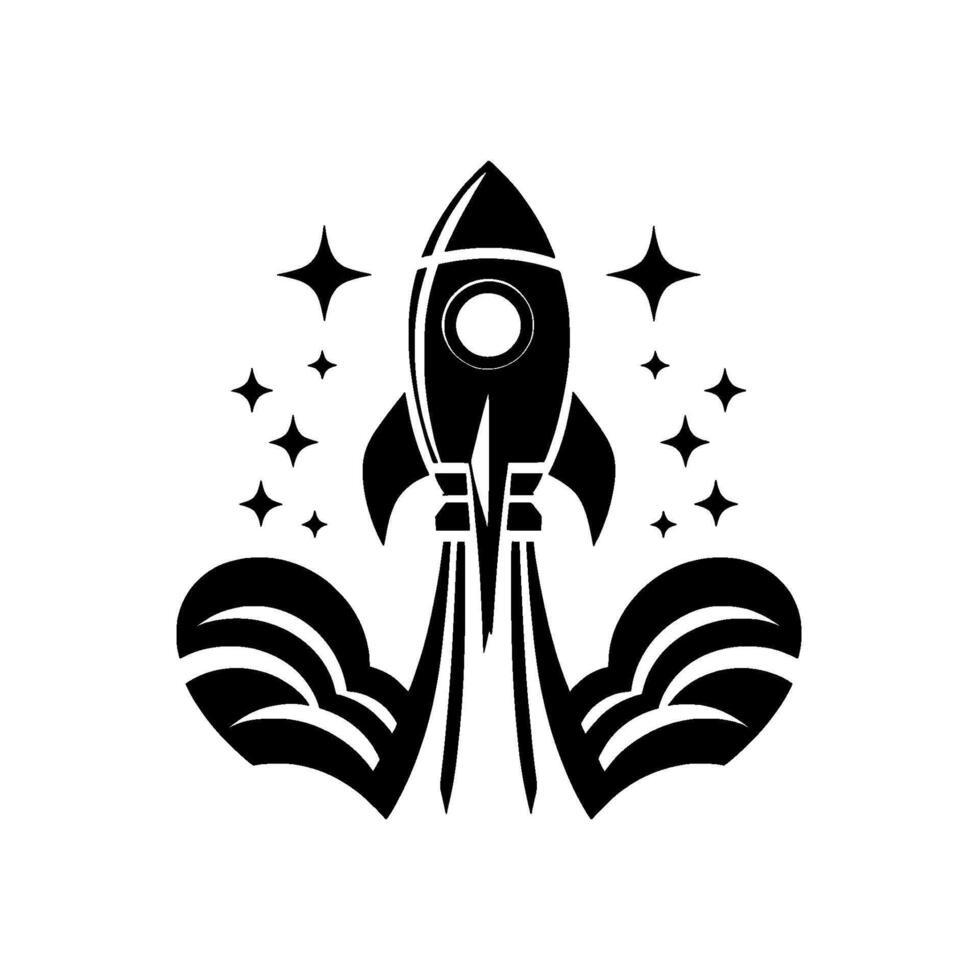 Black and White Rocket Launch with Smoke and Stars, Simple Geometric Illustration for Space Exploration, Science, and Adventure. vector
