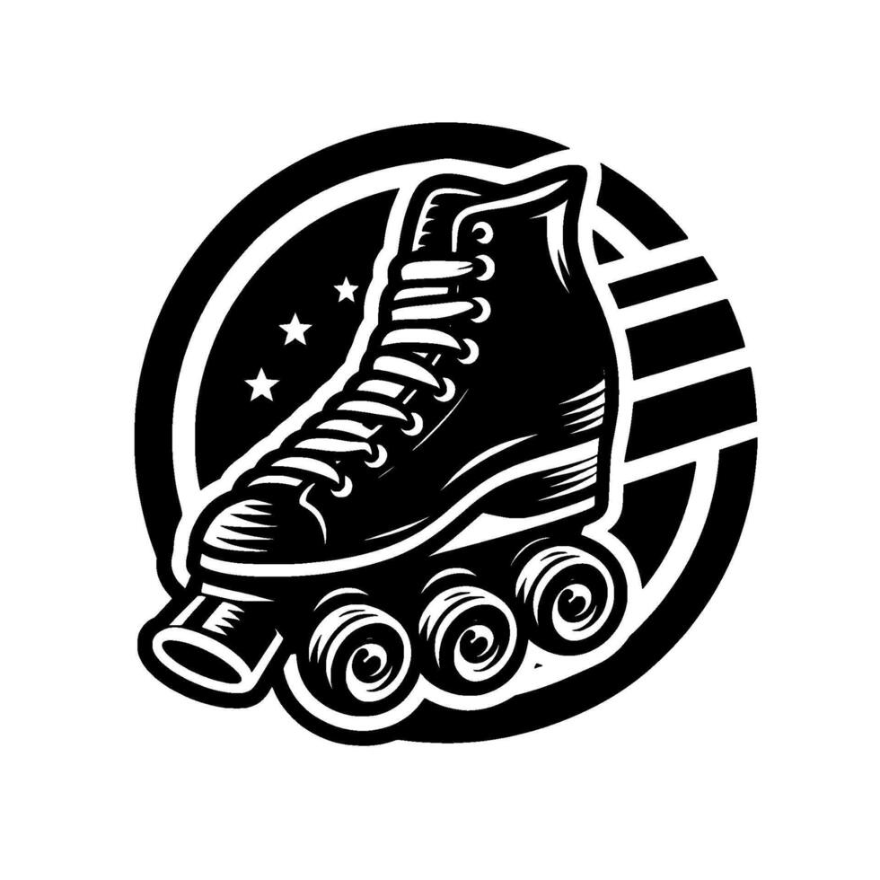 Artistic Black and White Roller Skate Emblem with Stars and Stripes, Retro , Isolated on White Background. vector