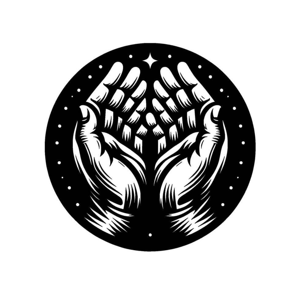 Symbolic black and white illustration of cupped hands reaching upwards, encircled by stars, evoking prayer and connection. vector