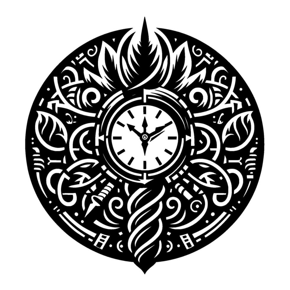 Intricate Black and White Circular Featuring a Clock, Adorned with Floral and CelticInspired Motifs and Ornaments vector