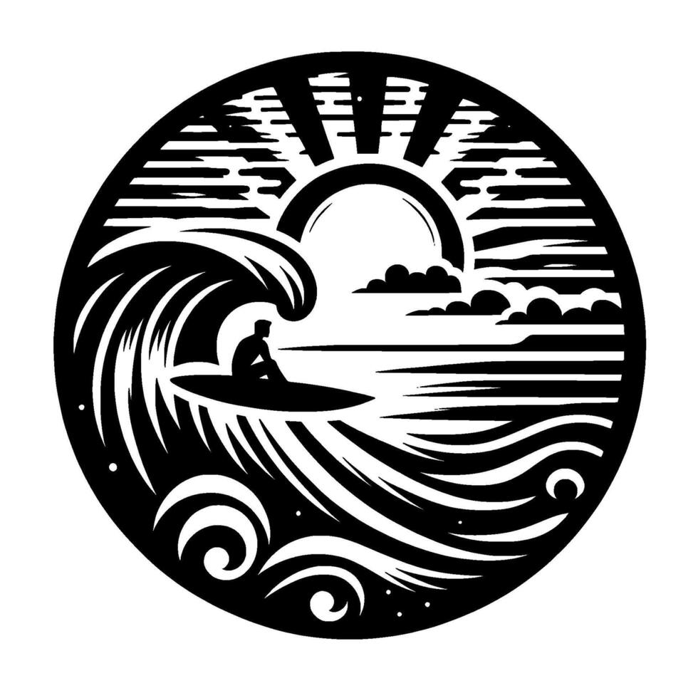 A Silhouette of a Surfer on a Wave, Framed in a Circle with a Setting Sun, Clouds, and Ocean Pattern. vector